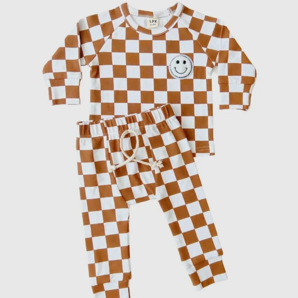 Checkered Happy Face Pant Set-Brown